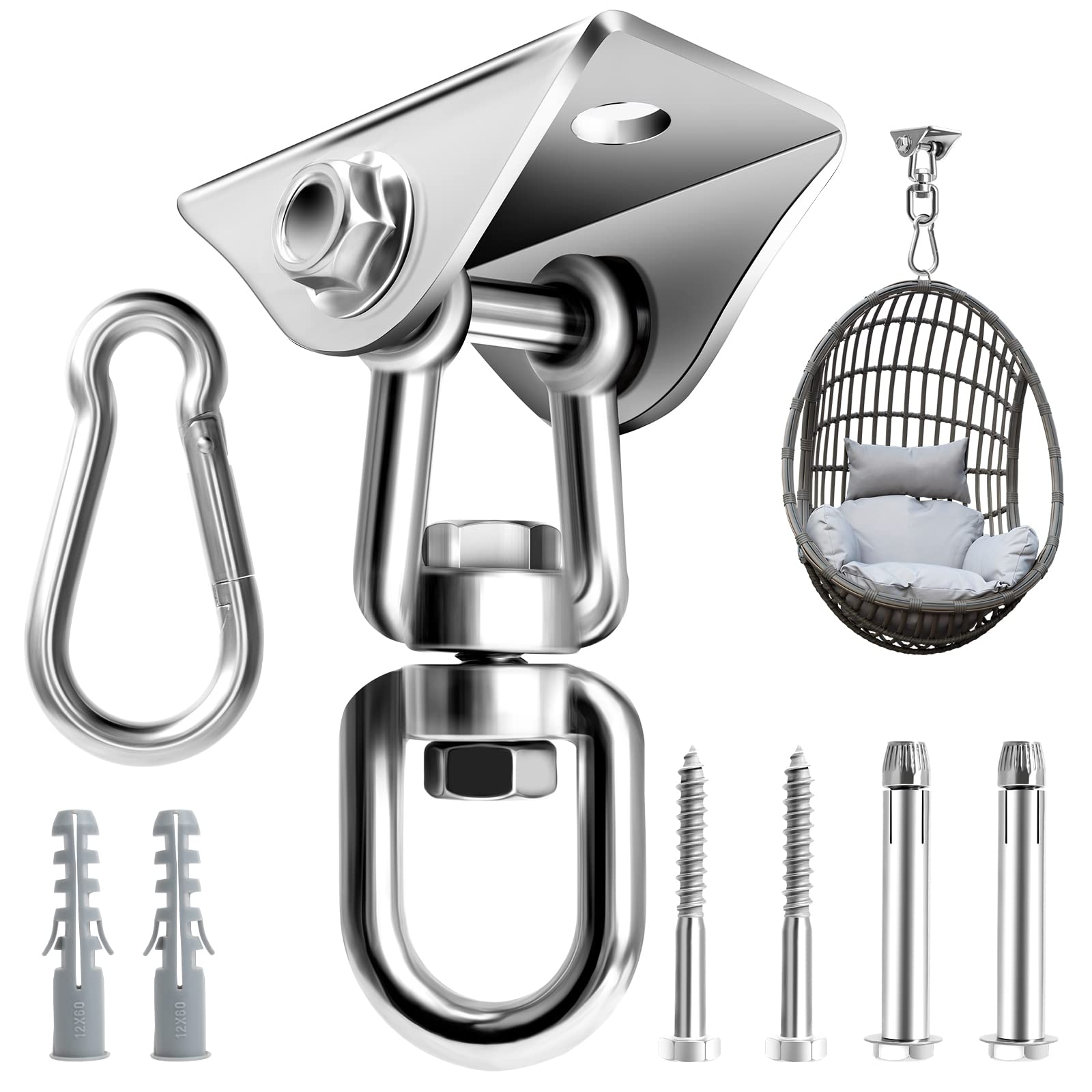 Heavy Duty Swing Hanger Hook Ceiling Hooks for Hammock 360°Rotate Hanging Chair Hook Swing Indoor with Bolts Screws Stainless Steel Hammock Chair Hanging Kit with 1000LB Capacity for Concrete Wood