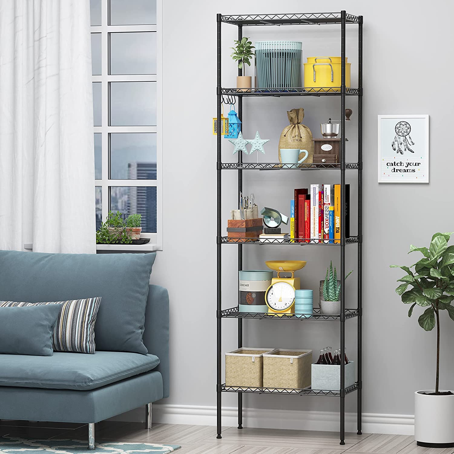 Himimi 6-Tier Wire Shelving Unit, Free Standing Shelf, Storage Shelves, Heavy Duty Metal Organizer Rack for Garage, Kitchen, Living Room, Bathroom, 21.26L x 11.42W x 62.99H, Black