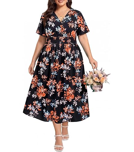 CARCOS Women Plus Size Dresses 1X Formal V Neck Maxi Sundress Long Sleeve High Waist Cocktail Black Red Love Heart Fall Winter Beach Valentine's Day Dress with Pockets XL 14W 16W at
