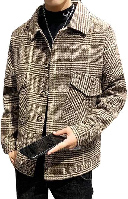 メンズ ジャケット 黒 ショート 折り襟 チェック柄 メンズ コート 韓国風 チェスターコート シンプル ジャケット ゆったり ハンサム オシャレ アウター メンズ 黒アウター ファッション 秋 冬 コート ジャケット 通販 Amazon