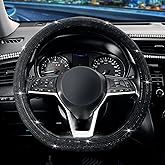 SEG Direct Diamond Flat Bottom Steering Wheel Cover, D Shaped Car Wheel Cover 14 1/2-15 in. (37-39 cm), Bling Sparkly Rhinestones, Black with Black Diamond