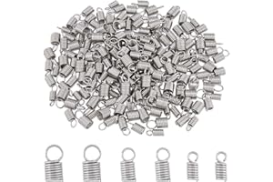 DICOSMETIC 300Pcs 3 Sizes Stainless Steel Coil Cord End 2/3/4mm Spring Tube Cap Clasps with Loops Ribbon Leather Cord Ends Crimp Spring Fasteners Clasp for DIY Jewelry Making