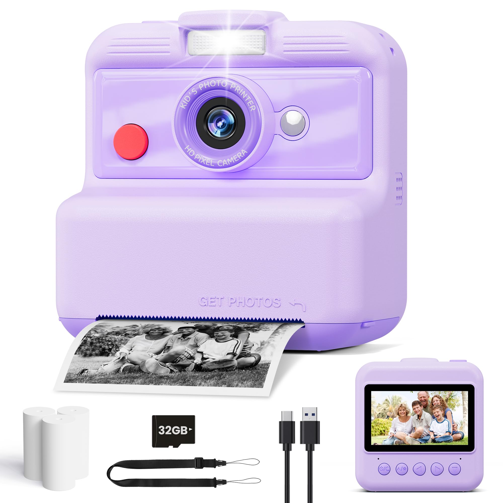 CAMCLID Kids Camera Instant Print, 3,0 Inch/48MP Instant Camera for Kids, 2.5K UHD Digital Video with 32GB Card, Christmas Birthday Toy Gifts for Girls Boys 3 4 5 6 7 8 9 10 Years Old (Purple)