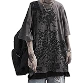 Women Men Y2K Skeleton T Shirt Gothic Skull Graphic Tee Oversized Punk Grunge Short Sleeve Top Streetwear Emo Alt Clothes