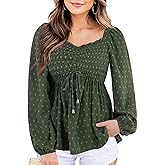 Imysty Womens V Neck Smocked Peplum Tops Balloon Long Sleeve Swiss Dot Ruched Blouses Shirt
