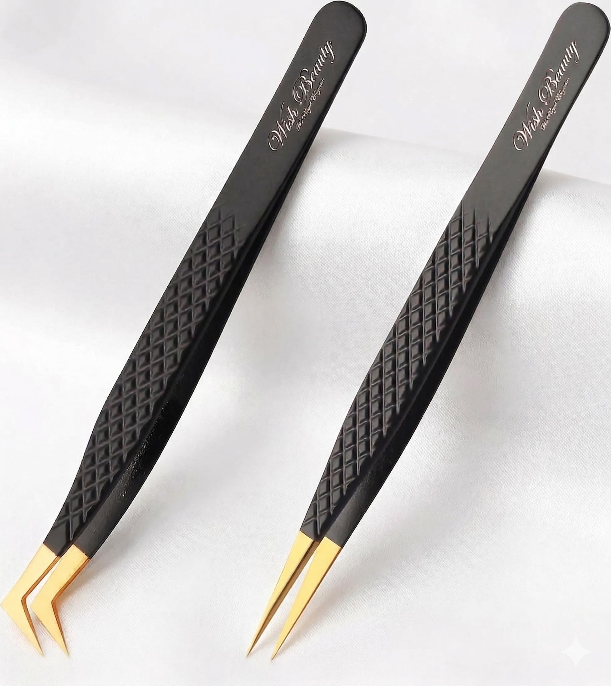 Wishbeauty 2-Piece Black & Gold Lash Extension Tweezers - Professional Straight Isolation & Curved Pointed Set for Classic, 3D 5D Volume & Mink Lashes