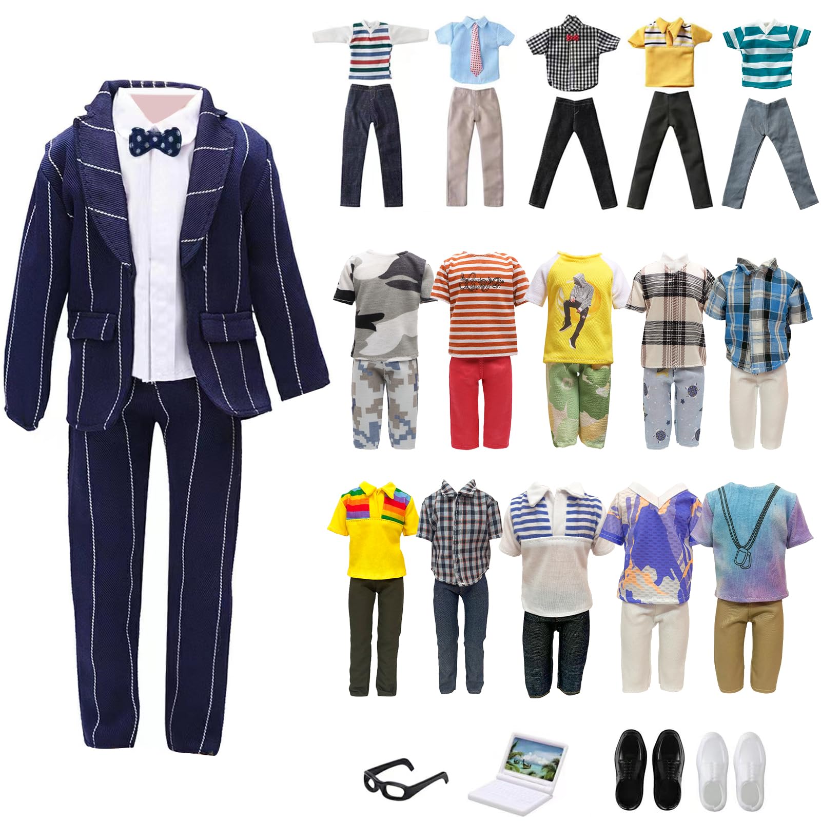 11.5 Inch Doll Clothes and Accessories Doll Outfit for 12 Inch Boy Doll,Including 1 Suit,1 Shirt, Random 4 Tops,Random 4 Pants,1 Pair of Glasses,2 Pairs of Shoes and 1 Computer