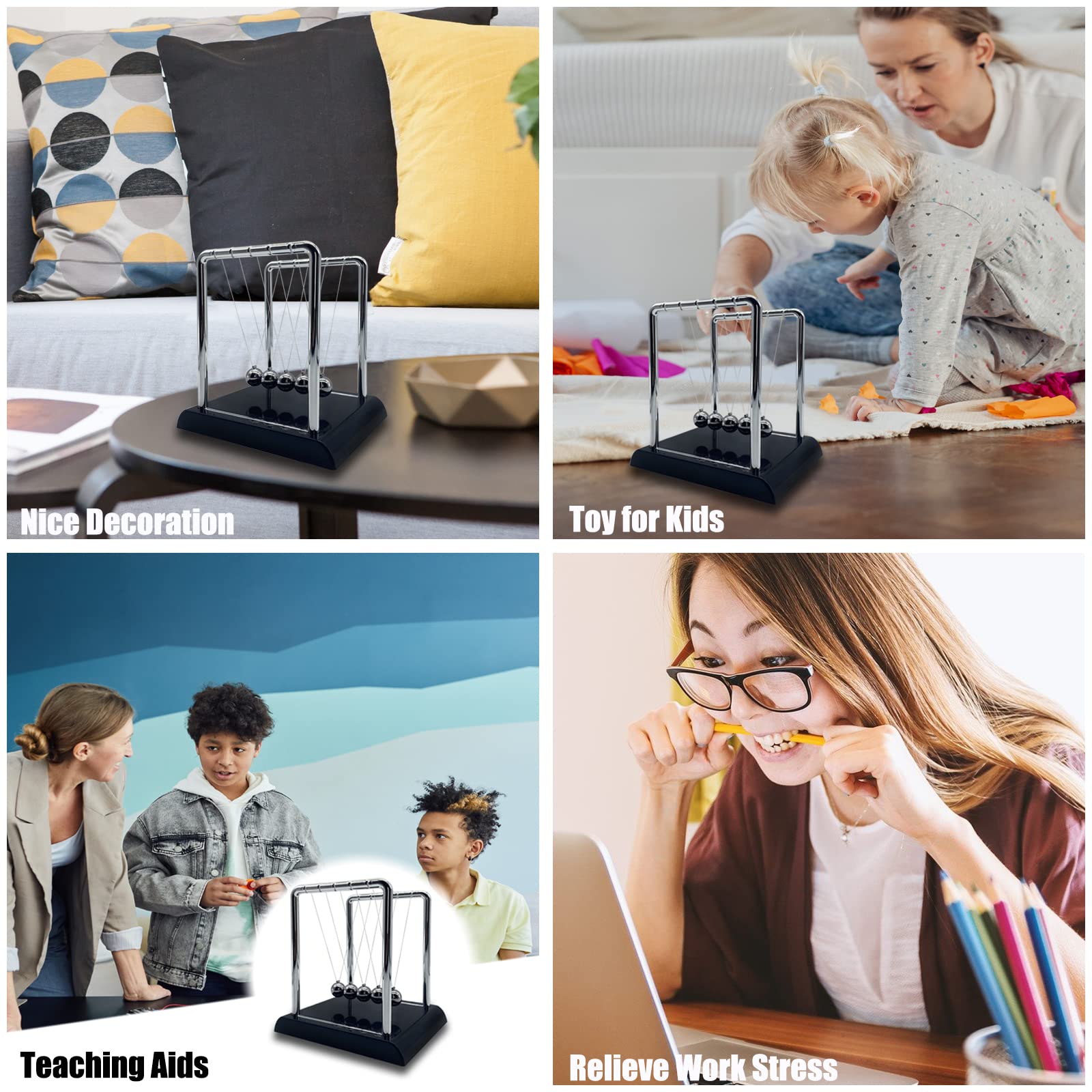 Newtons Cradle Balance Balls, Swinging Balls with Black Base, Fun Science Physics Learning Accessories, Calm Down Fidgets Kit, Desk Toys for Stress Relief, Office Home Decoration (Black)