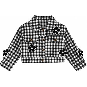 Ecolala Girls Plaid Jacket Cute Flower Shacket Button Down Cropped Outerwear Casual Fall Clothes