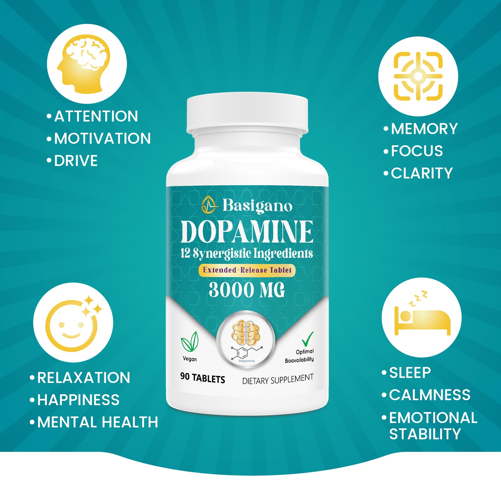 Natural Dopamine Supplement for Energy, Focus, Motivation, Mental Alertness, Mood, and Stress - Non-GMO, Gluten-Free - 90 Tablets
