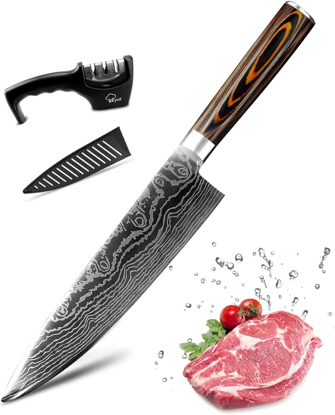 MYVIT Japanese Chef Knife 8 inch Professional Kitchen Knife Sharp Paring Knife [Knife Sharpener Knife Sheath]