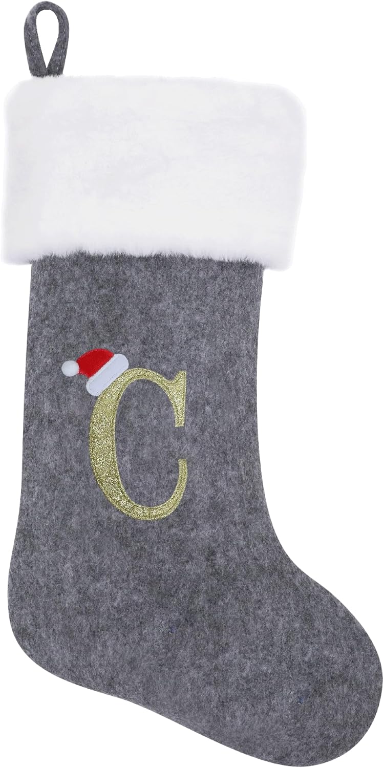 Stockings & Holders - CHOTONIC 20 Inches Grey Velvet with White Super Soft Plush Cuff Monogram Initial Christmas Stockings Embroidered with Gold Letter Stockings for Decor-Party Home Decor for Family Holiday