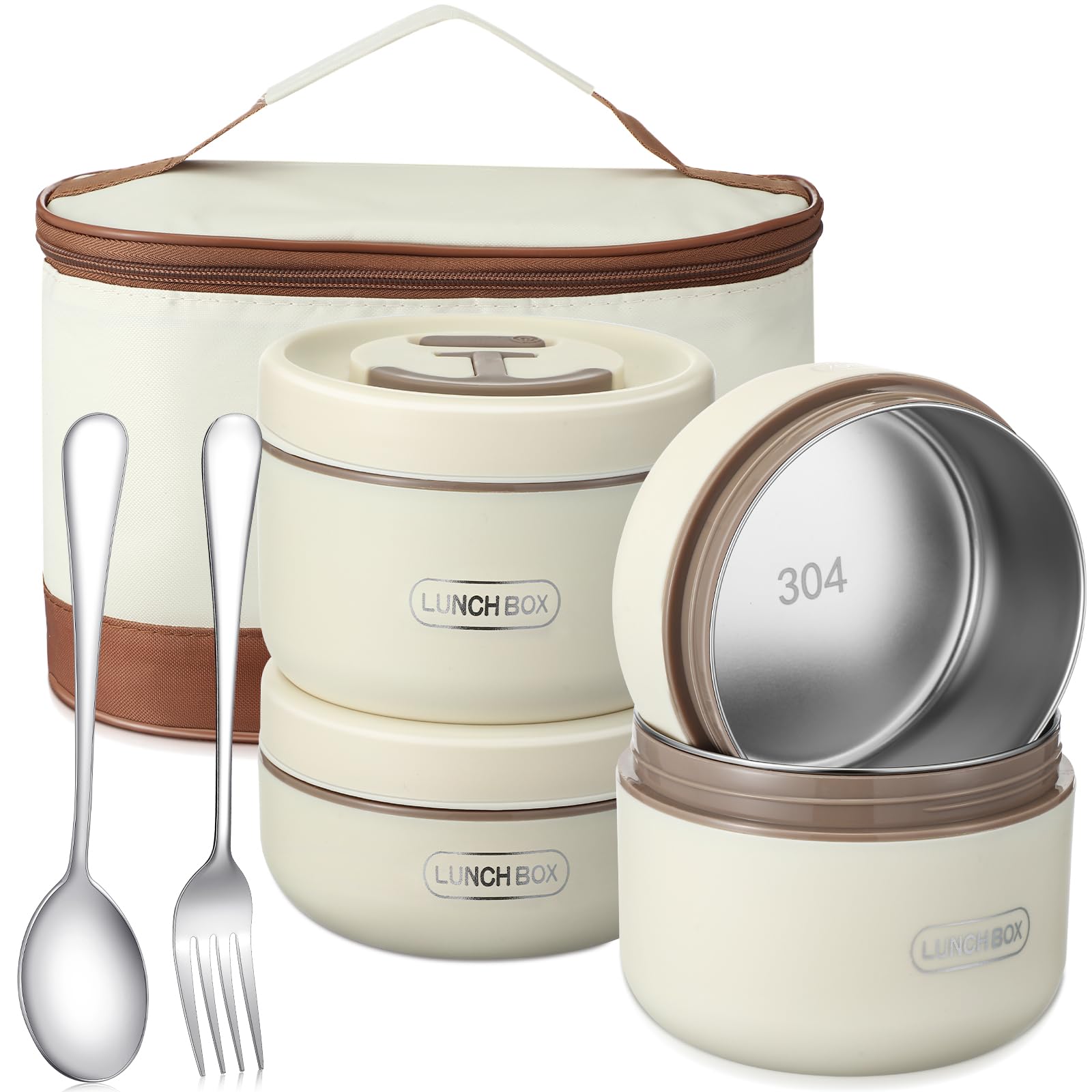 Photo 1 of Dandat 4 Pcs Insulated Bento Box Portable Stainless Steel Food Container Round Microwave Safe Stackable Leakproof Thermal Food Container for Adult Men Women with Insulated Bag, 74 oz(Beige)