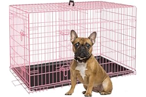 BIQWBIC 30 Inch Medium Dog Crate, Heavy Duty Dog Crates for Medium Dogs, Metal Wire Folding Dog Cage with Removable Trays, Locks, Double-Door, Divider Panel, Handle, Puppy Crate Pet Crate (30 in, Pink)