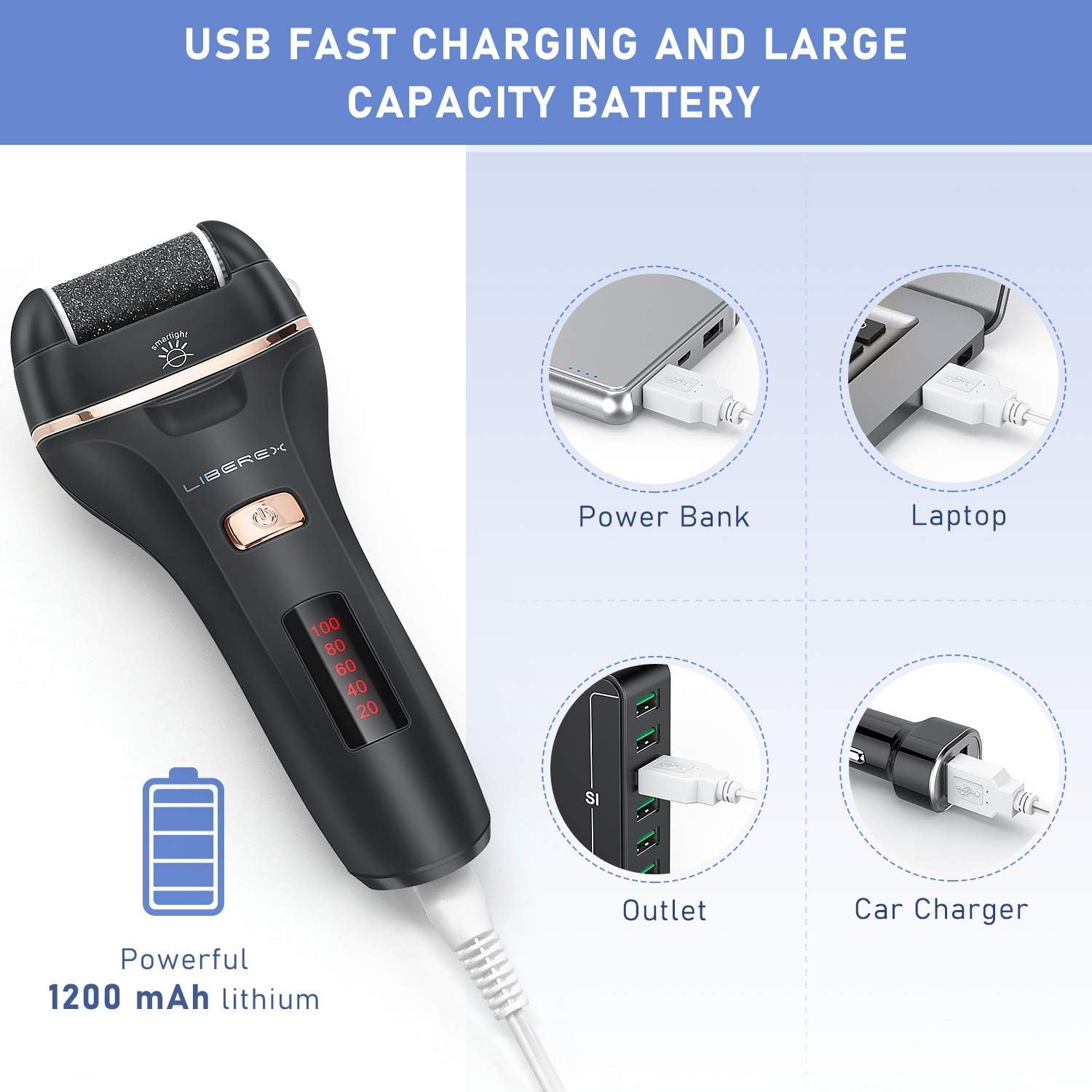 Liberex Electric Callus Remover - Rechargeable Foot File Callus Shaver Hard Skin Remover Pedicure Tools with 4 Roller Heads, for Cracked Heels Calluses and Dead Skin, 2 Speed, Battery Display: Health & Personal Care