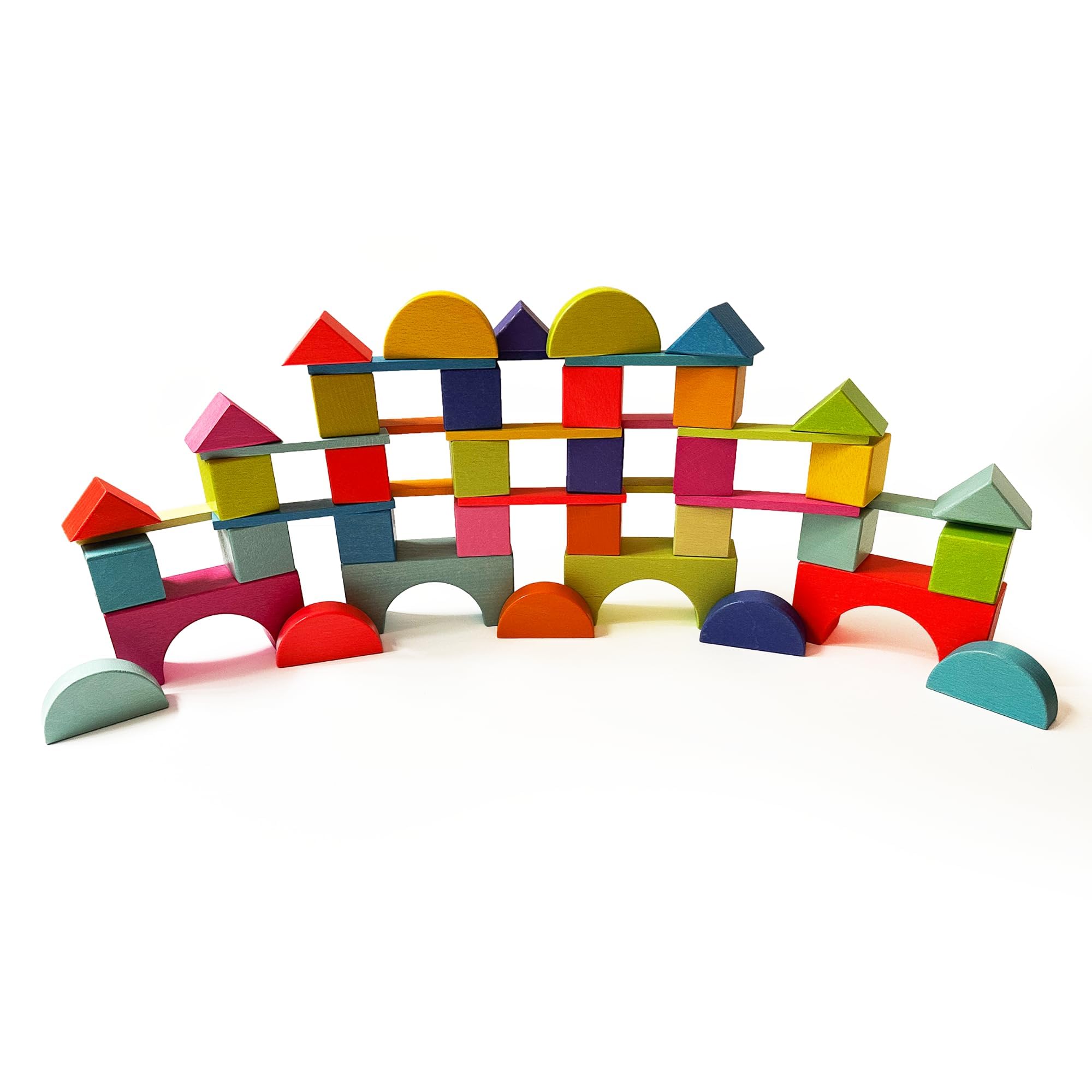 Quiggly Montessori Wooden Rainbow Building Blocks Set | 68-Piece Educational STEM Toy for Toddlers | Includes Storage Box with Carry Handles | Ideal for Ages 12-48+ Months (Wooden Storage Box)