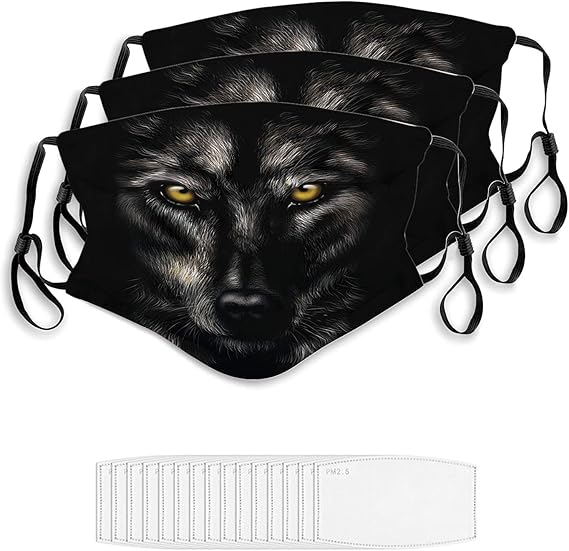 Face Masks 3pcs Hand Drawing Portrait of A Black Wolf Funny for Adult