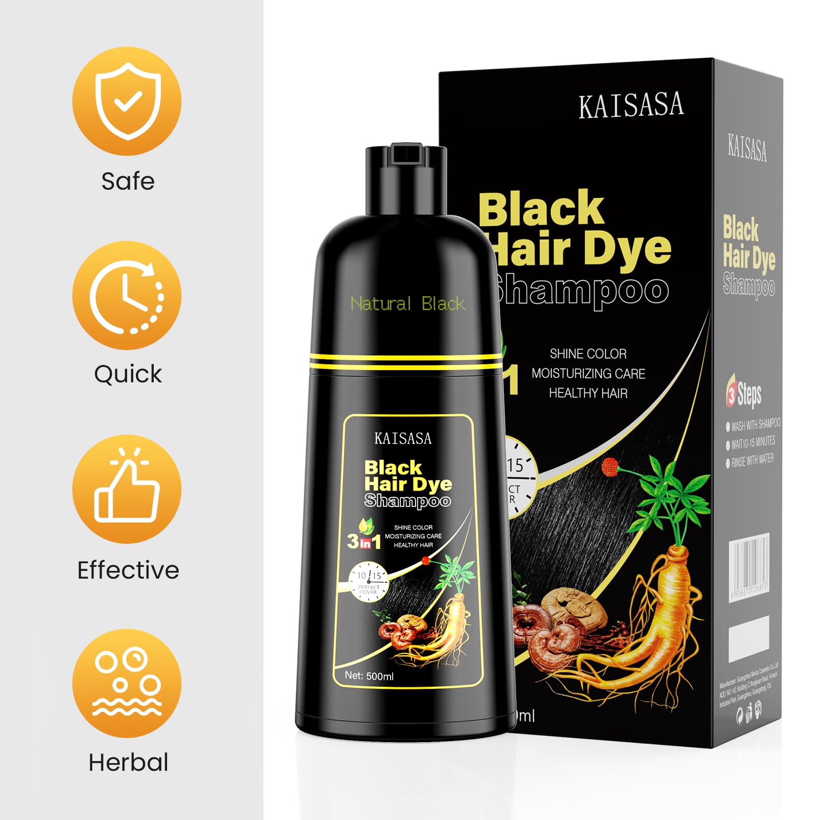 KAISASA Black Hair Dye Shampoo 3 in 1, Hair Color Shampoo for Women and Men, Hair Dye to Cover Gray Hair, Herbal Ingredient Shampoos for Grey Hair Coverage 500ml (Black)
