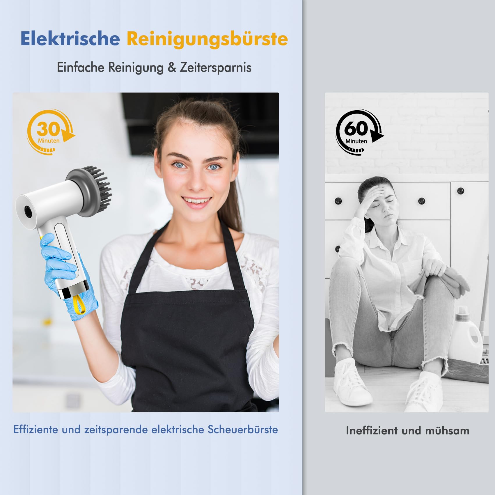 Elektrische Reinigungsbürste,Spin Scrubber für Bad und Fugen,Cleaning Brush für Haushalt mit 5 Bürstenkopfe,2 Modi Perfekt für Tiefe reinigen von Fliesen,Küche,Grille,Glas und Reifen-led Anzeige 2