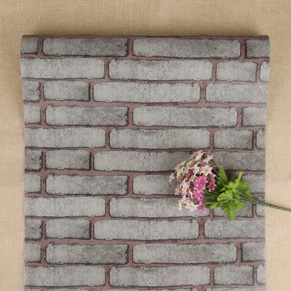 FENTIS Grey Self-Adhesive Wallpaper Vintage Brick Sticky Back Plastic Vinyl Wrap Wall Stickers Contact Paper Roll for Kitchen Bedroom and Living Room Decor 44x500cm