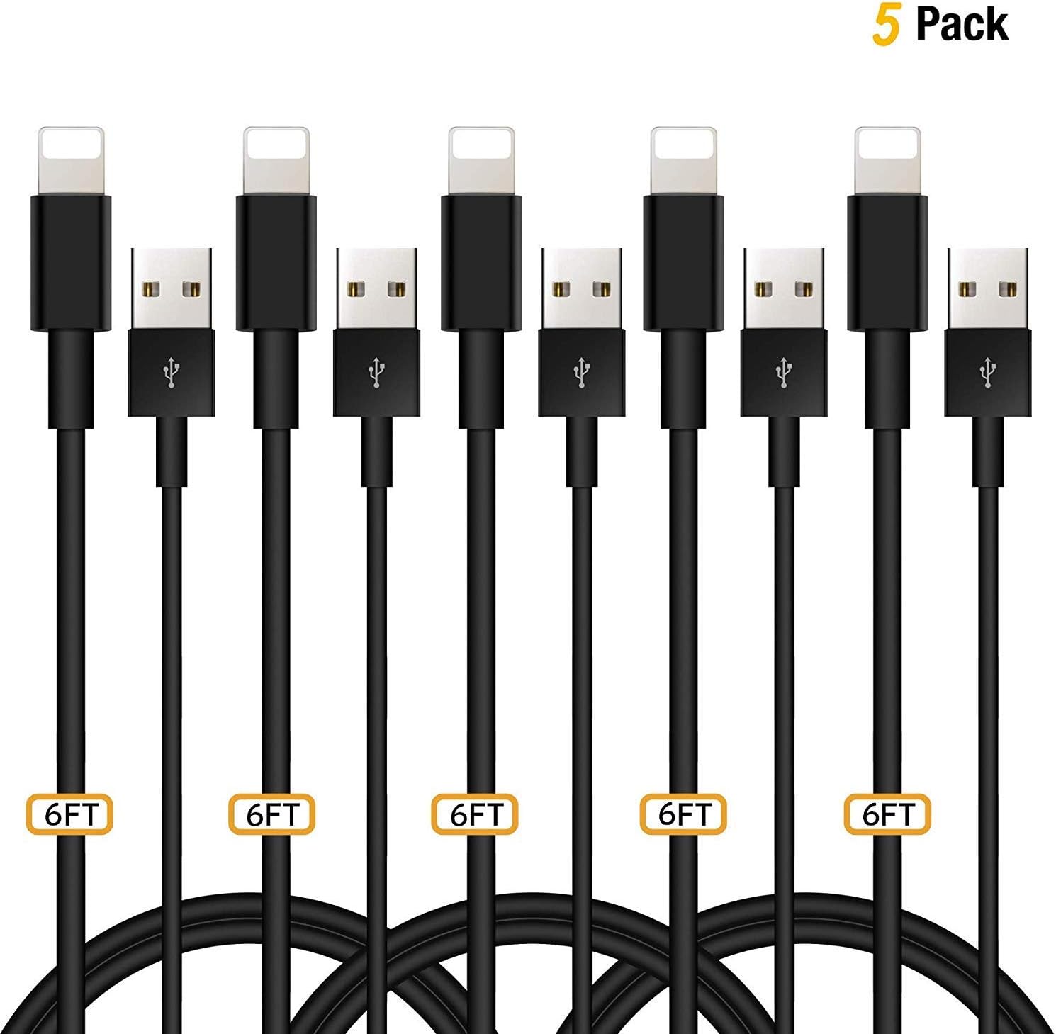 USB Cables, Pasyou 6FT (2M) Fast Charging Cable Syncing Charger Cords Long Wires Durable Data Lines Certified Compatible for Phone Xs Max XR X/ 8 Plus/ 7Plus/ 7/ 6s Plus/ 6 Plus/ 5s/ 5 - Black 5 Pack
