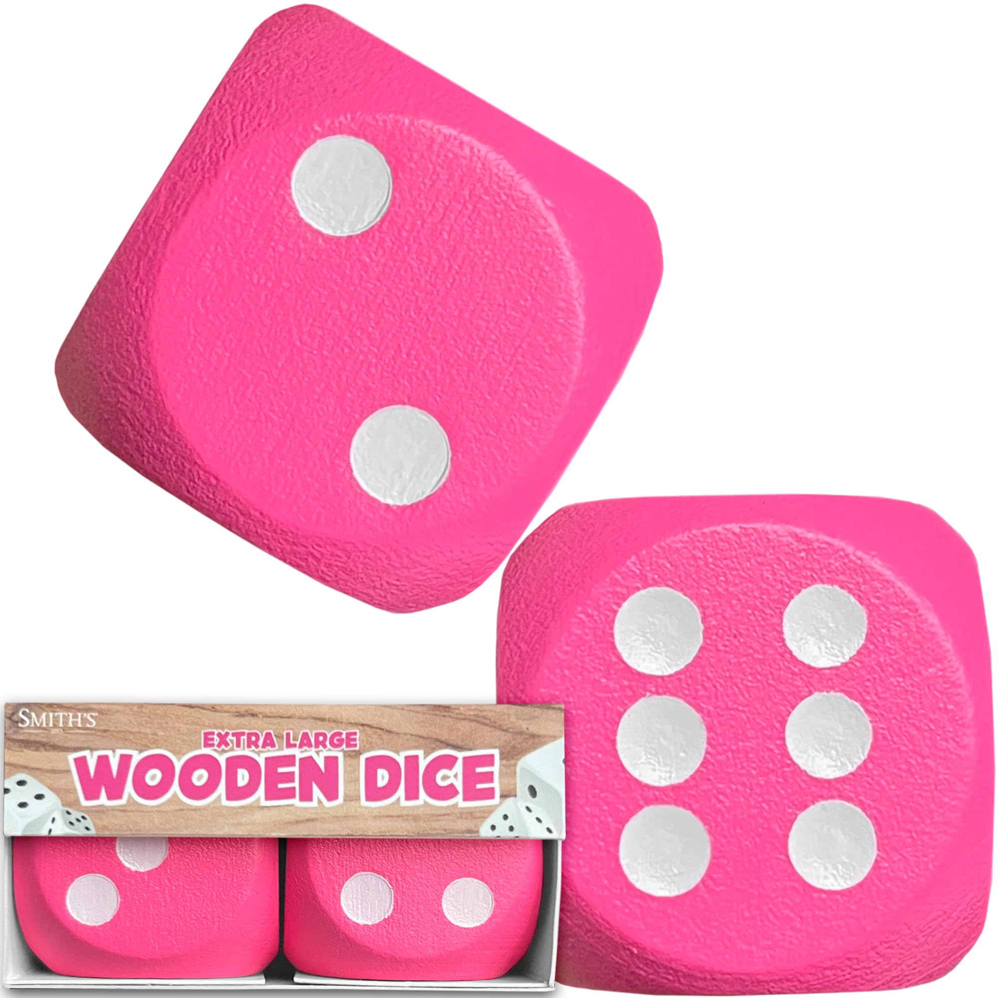 Large Wooden Dice by Smith's® | 3 x 3 x 3cm | 2 Pack | Pink | Educational Maths Games, Kids Board Game Accessories | No Harmful Materials | For 3 Year Olds +