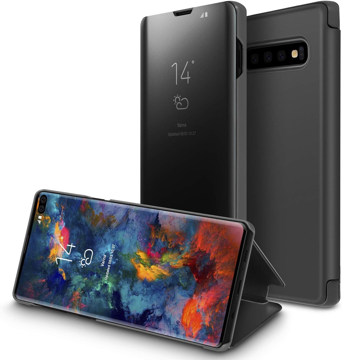 A3sprime S-View Semi-Transparent Window Makeup Mirror Electroplate Plating Stand Feature Slim Full Body Protective Flip Cover for Samsung Galaxy S10 Plus-Black