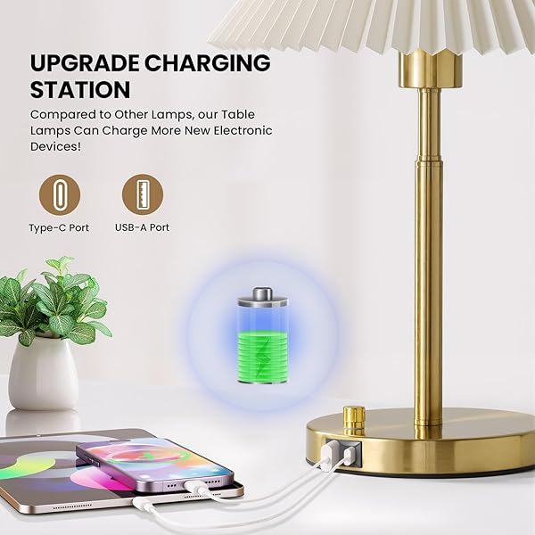 RUIYEY BEDSIDE TABLE LAMP SET OF 2: DIMMABLE NIGHTSTAND BEDSIDE LAMPS WITH USB A AND C PORTS, MODERN METAL AND PLEATED FABRIC SHADE GOLD DESK LAMP FOR HOME OFFICE BEDROOM LIVING ROOM READING