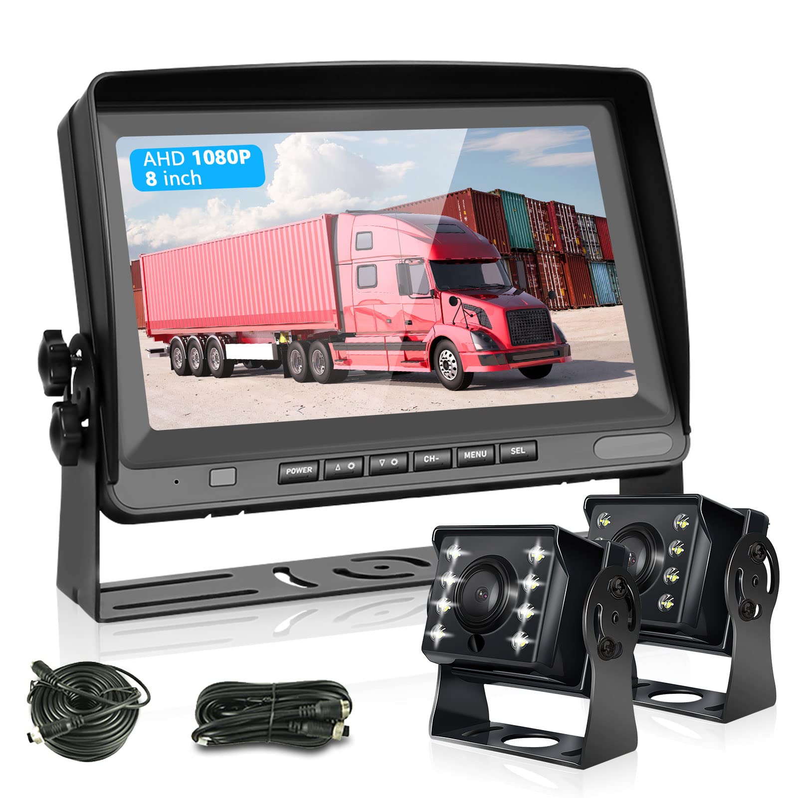 Hodozzy Rear View Camera Car with 8 Inch LCD Monitor, AHD 1080P 2 x Cameras IP69 Waterproof Super Night Vision Reversing Camera Cable 12V-24V for Motorhome/Truck/Trailer/Bus/Vans