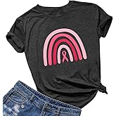 FRYAID Breast Cancer Shirt Women Pink Ribbon Breast Cancer Awareness Rainbow T-Shirts Cancer Care Short Sleeve Tee Top
