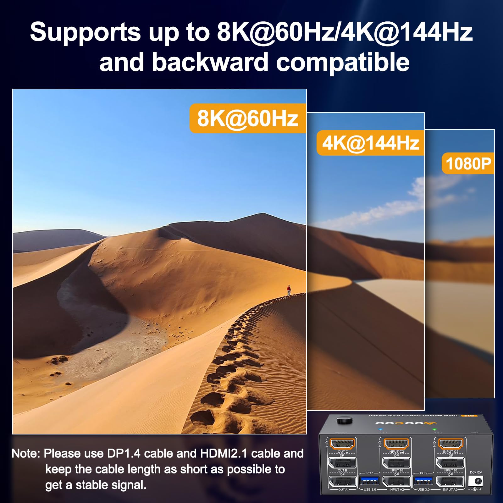 KVM-Switch 2 PC 3 Monitore 4K@144Hz 8K@60Hz, Triple Monitore HDMI + 2 Displayport KVM Switch mit 4 USB 3.0 Anschlüssen, kabelgebundener Fernbedienung, Netzteil und USB 3.0 Kabel 5