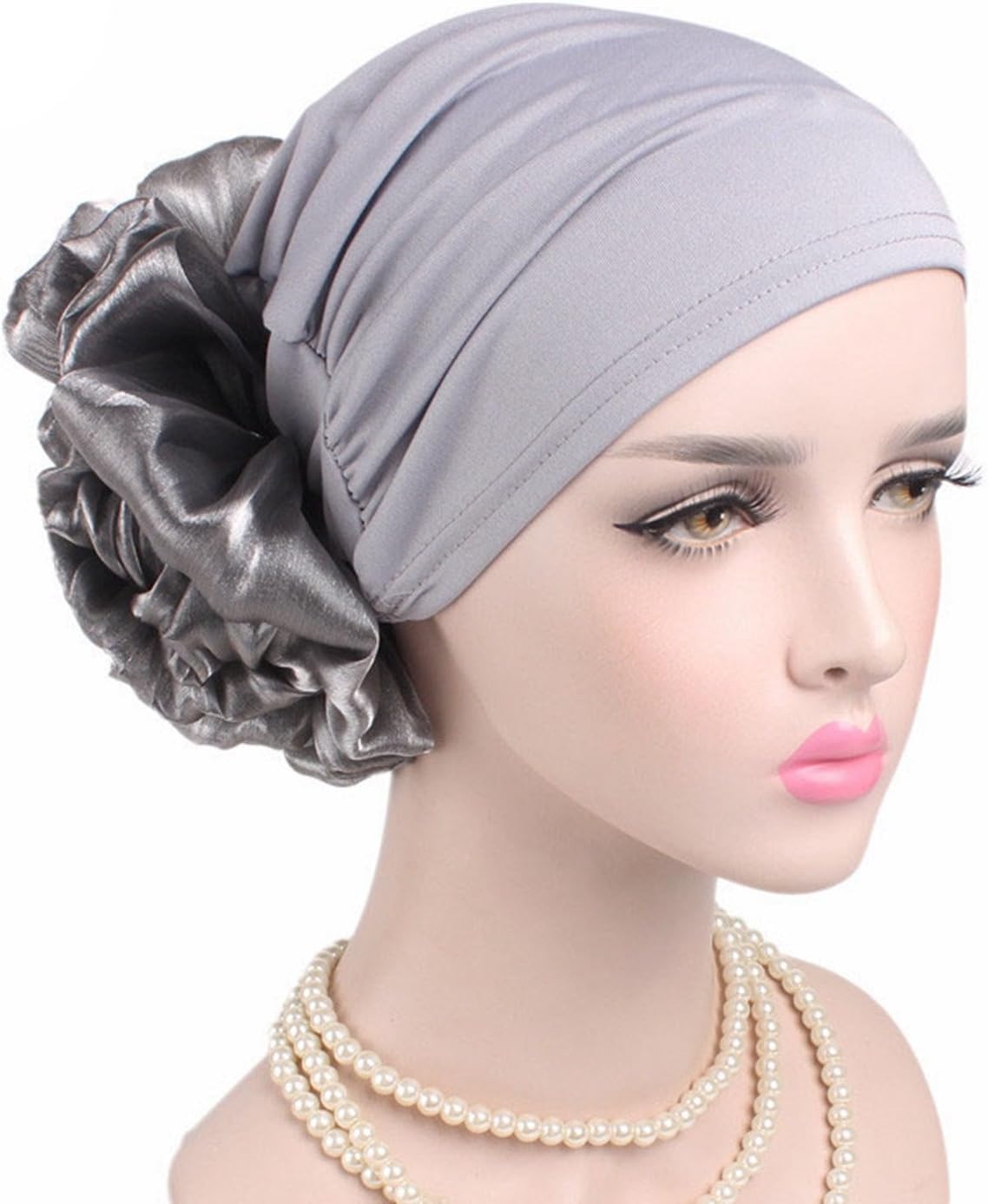 MOMEPE Women Flower Pleated Head Cover Turban Cancer Patient Chemo Hat Gray