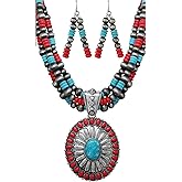 Rosemarie & Jubalee Women's Cowgirl Chic Statement Burnished Silver Howlite Concho Pendant On Multi Strand Western Metallic Pearl Necklace Earrings Set, 20"+3" Extender