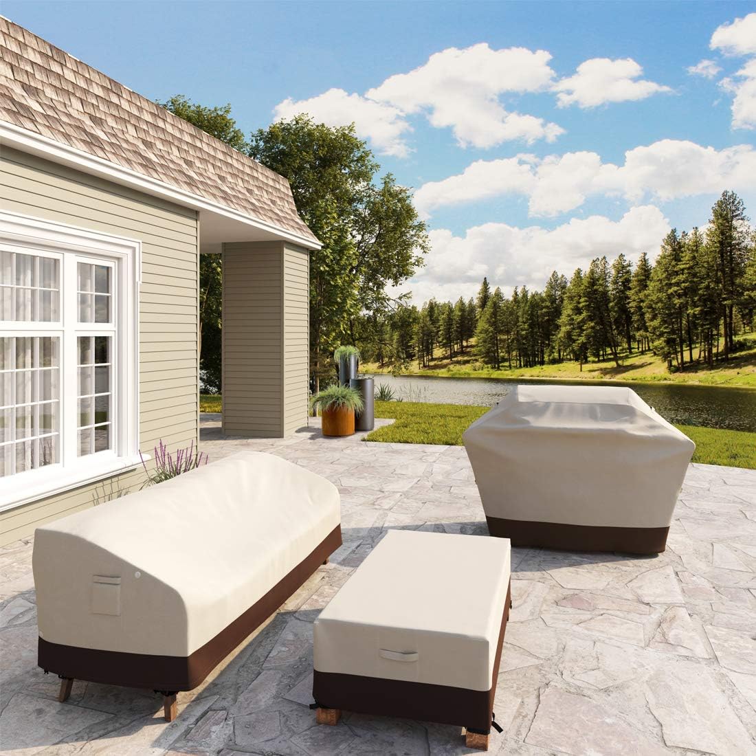 Tuyeho Patio Rectangular Coffee Table Cover 48 x 28 x 13 inch, 600D Heavy Duty Outdoor Side Table Cover, Waterproof & Weather Resistant for Your Furniture (Beige & Brown): Kitchen & Dining