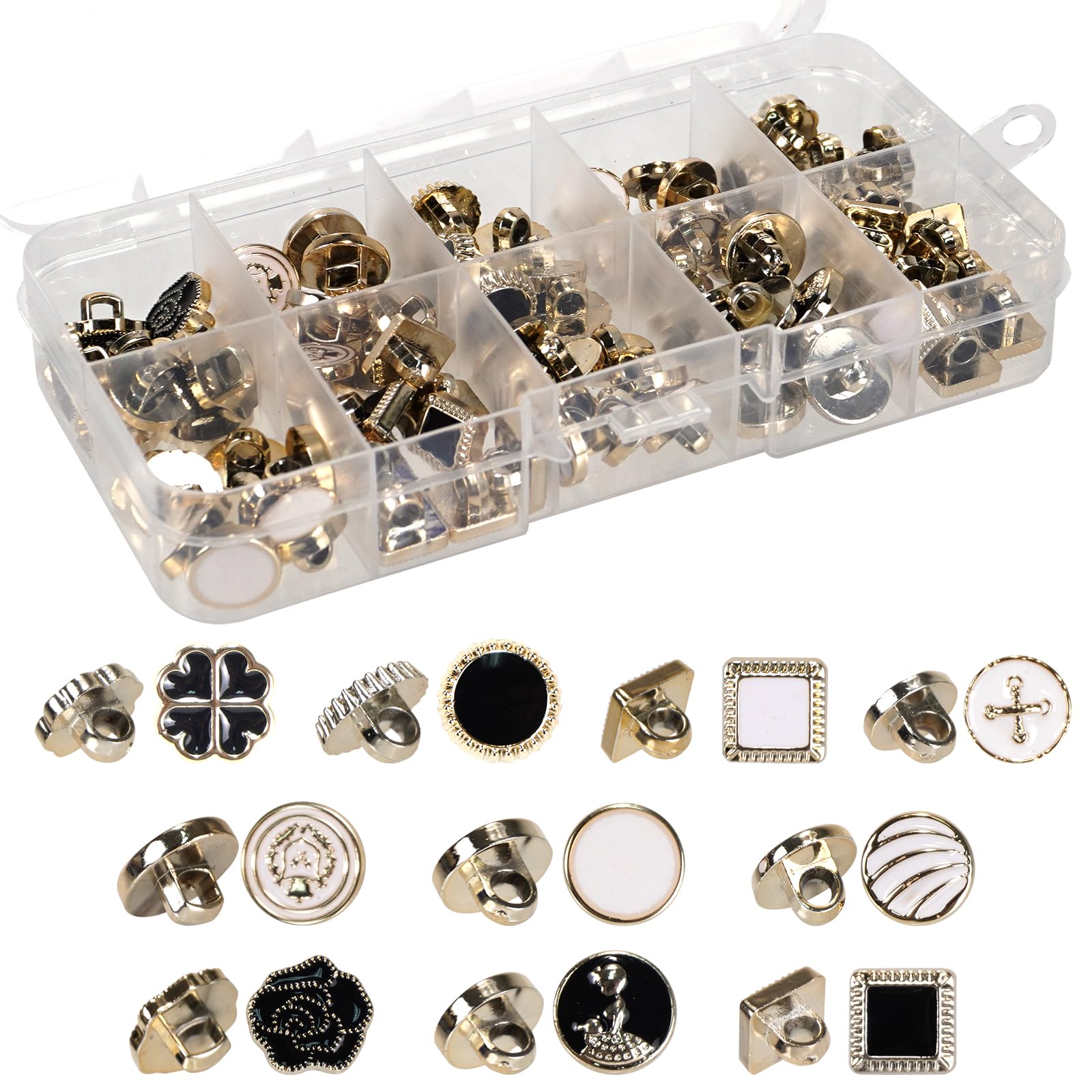 Qililandiy 100Pcs Assorted Buttons 10 Styles Vintage Resin White&Black Buttons with Storage Box for Crafts Wedding Dress DIY Project