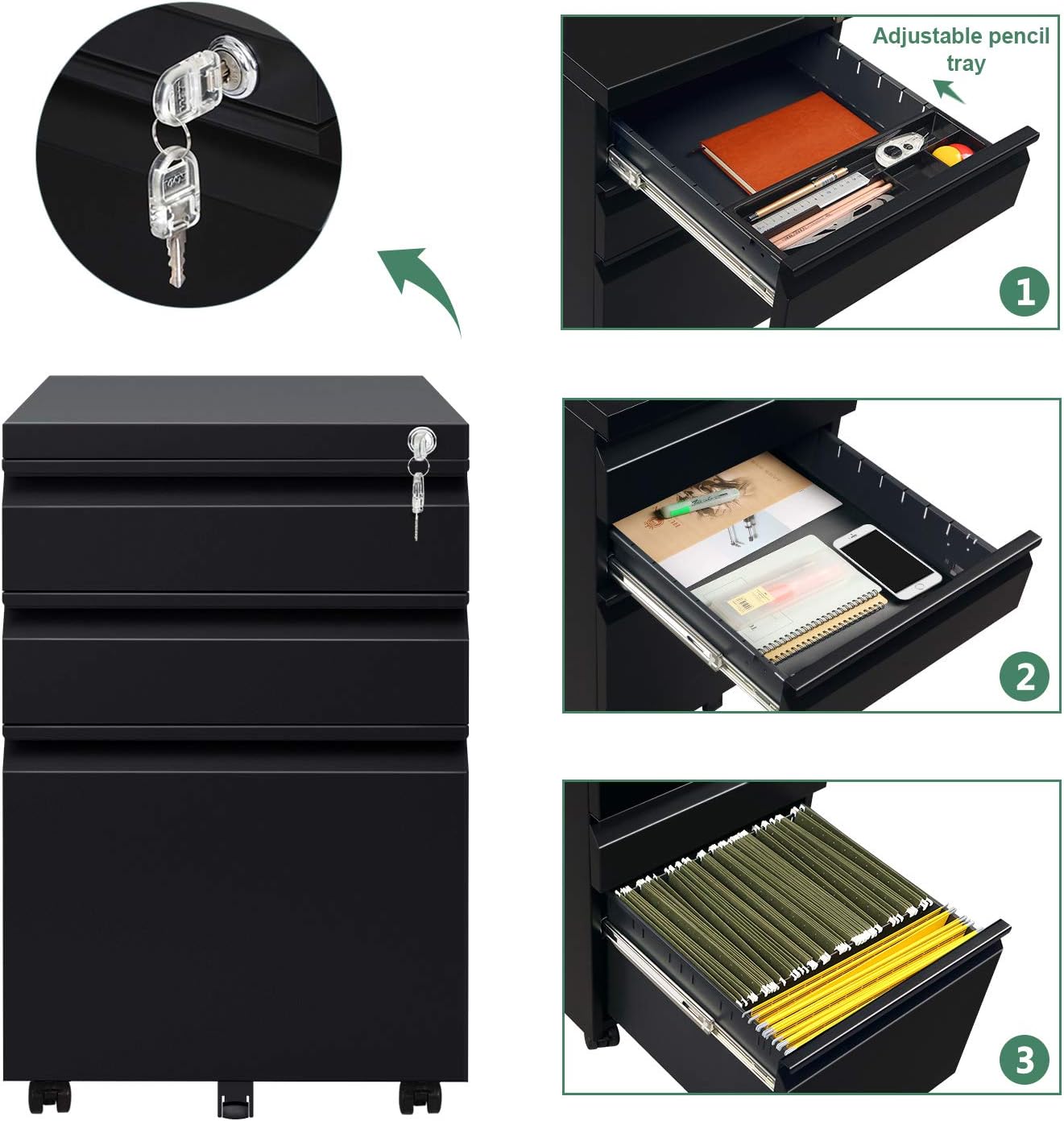 DEVAISE 3 Drawer Mobile File Cabinet with Lock, Under Desk Metal Filing Cabinet for Legal/Letter/A4 File, Fully Assembled Except Wheels, Black : Office Products