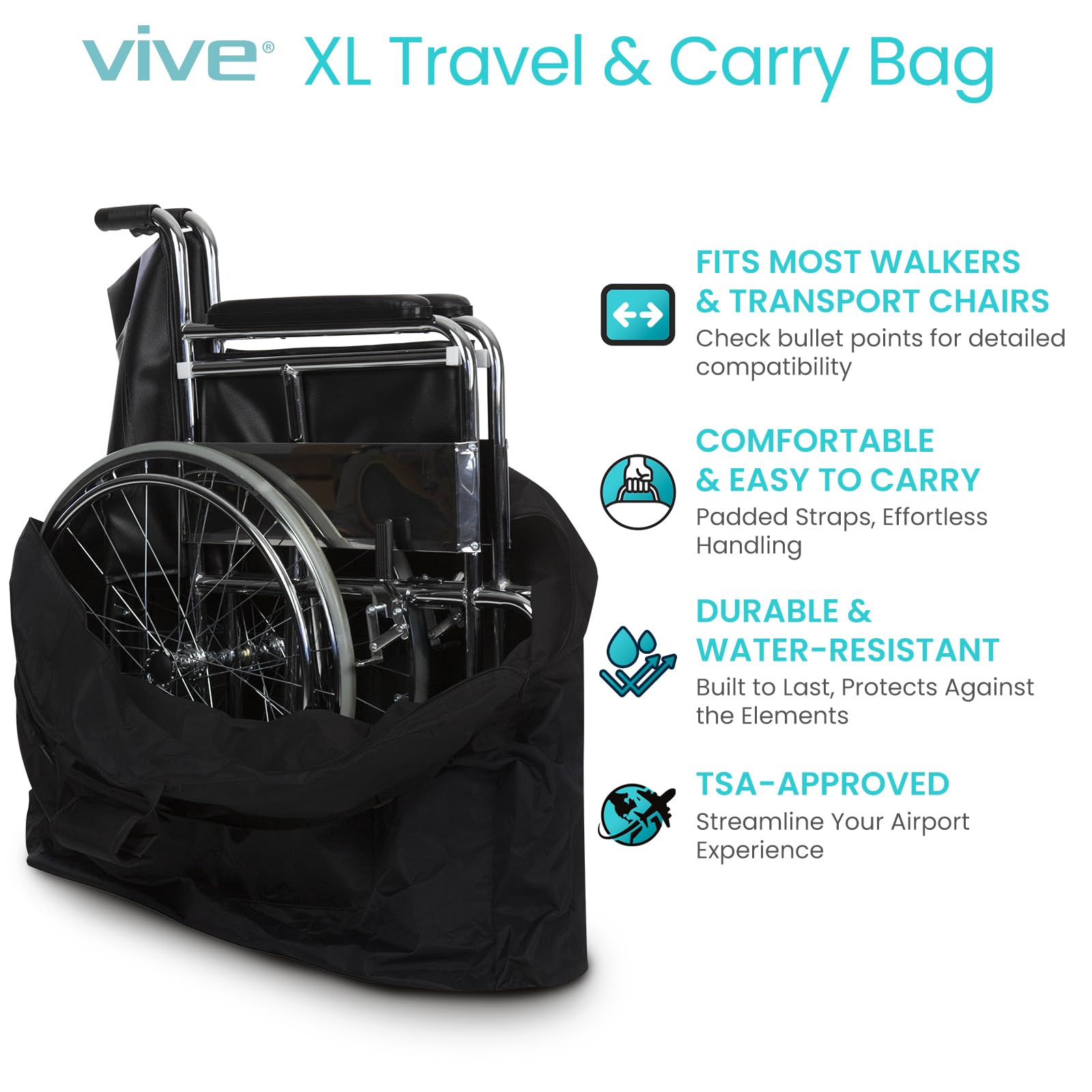 Vive XL Carry & Travel Bag for Rollator Walkers & Transport Chairs - Cover Carrier Accessory for Car Travel, Storage, Seniors - Accessories - Waterproof with Padded Straps