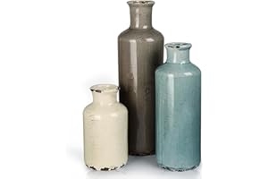 CUCUMI Ceramic Flower Vases Set of 3, Rustic Coastal Home Decor for Farmhouse Shelves, Ocean Beach Style, Mantle, Fireplace, Coffee Table, Shelf for Living Room