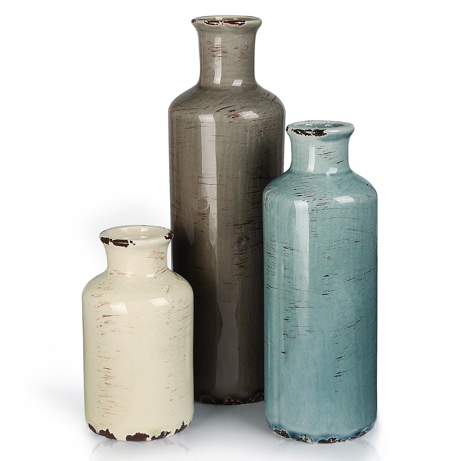CUCUMI Ceramic Vase Set of 3, Rustic Coastal Farmhouse Decor for Shelves, Ocean Beach Style Small Flower Vases for Home Decor, Mantle, Fireplace, Table, Shelf Decorations for Living Room