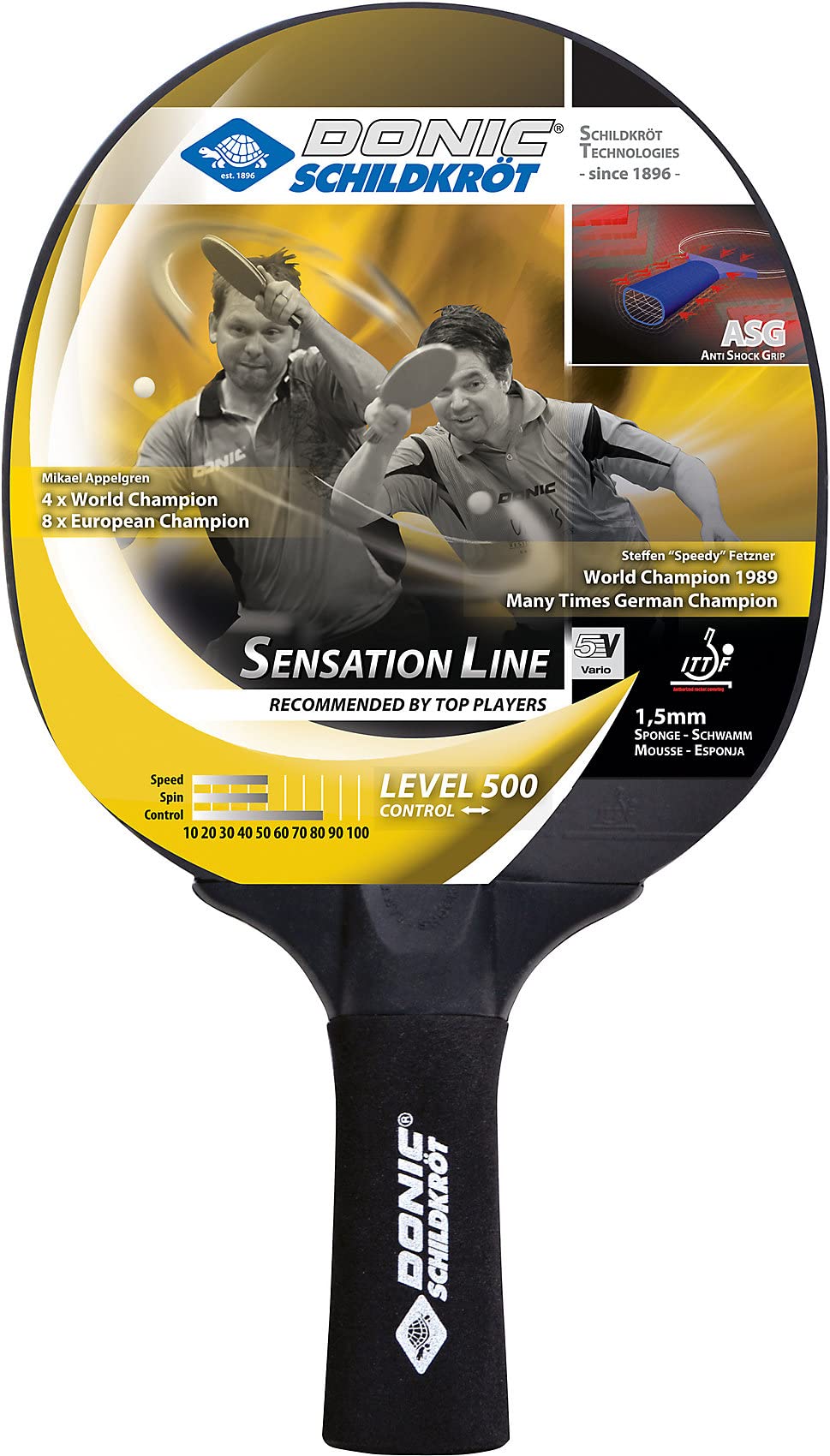 Donic-Schildkroet Sensation Line 500 Table Tennis Bat, ASG Handle, 1.5 mm Sponge, Elite Pad - ITTF,Black,One Size,714402