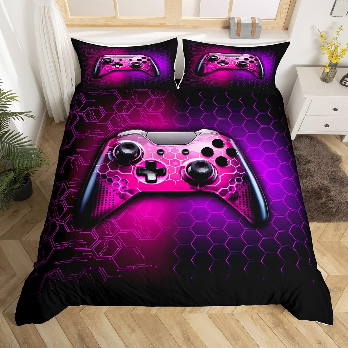Gamer Bedding Set,Pink Neon Comforter Cover Set for Teens Women Room Decor,Cool Gamepad Duvet Cover Breathable Reversible Games Bedspread Cover Double Size
