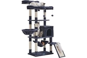 Hey-brother Multi-Level Cat Tree, Large Cat Tower with Bigger Hammock, 3 Cozy Perches, Scratching Posts, Stable for Kitten/Gig Cat Smoky Gray MPJ0026G