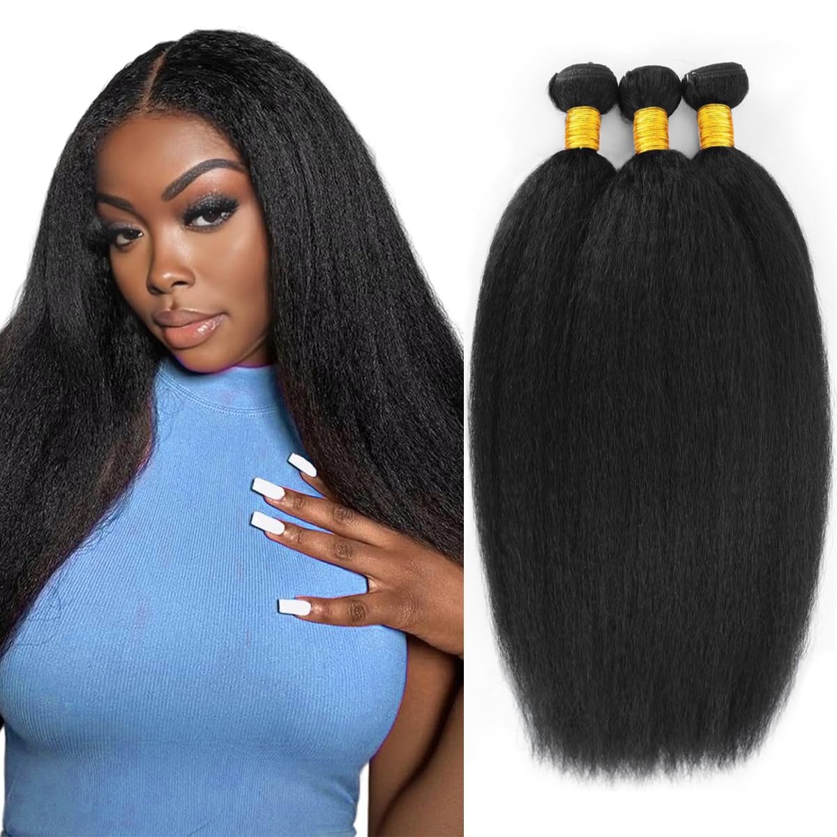Yaki Straight Bundles Kinky Straight Bundles Human Hair Kinkystraight 12A 100% Unprocessed Brazilian Virgin Human Hair Bundles for Black Women Natural Black Hair Extension 3 Bundles 14 16 18 Inch