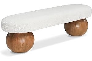 Meridian Furniture 22044Cream Bowie Collection Art Deco Bench with Rich Cream Boucle Fabric, Walnut Brown Finish Solid Ash Wood Ball Shape Legs, 59.5" W x 18" D x 17" H, Cream