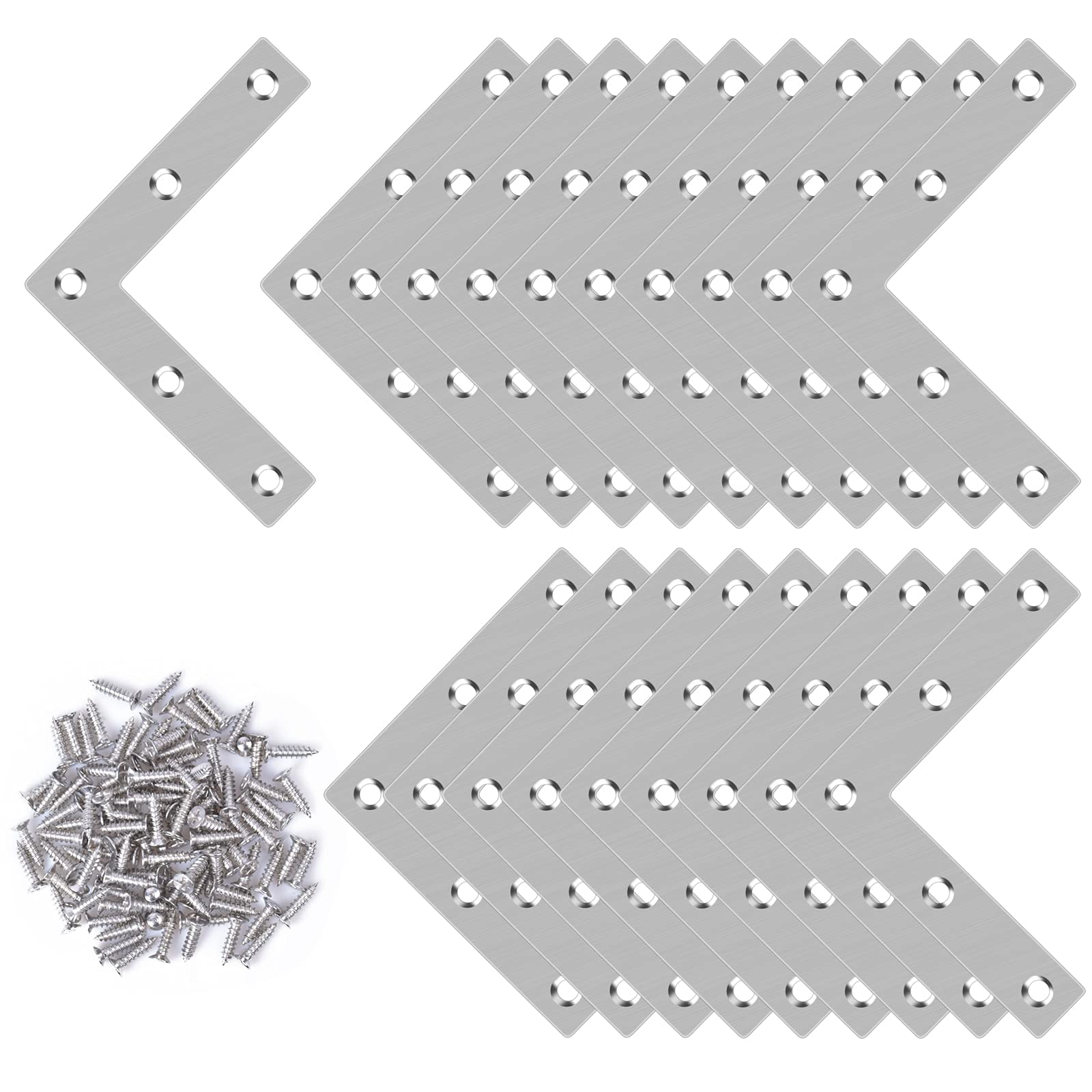 20 Pcs Flat Corner L Shape Plate, Flat Right Angle Bracket, Stainless Steel Repair Brace Support with Screws, Joining Mending Plates Connector for Wood (80 x 80 cm)