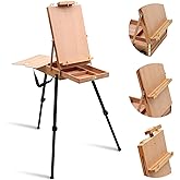 Falling in Art Light Weight French Style Field and Sketchebox Easel with Aluminum Tripod, Adjustable Beechwood Tripod Standing Easel with Drawer, Palette