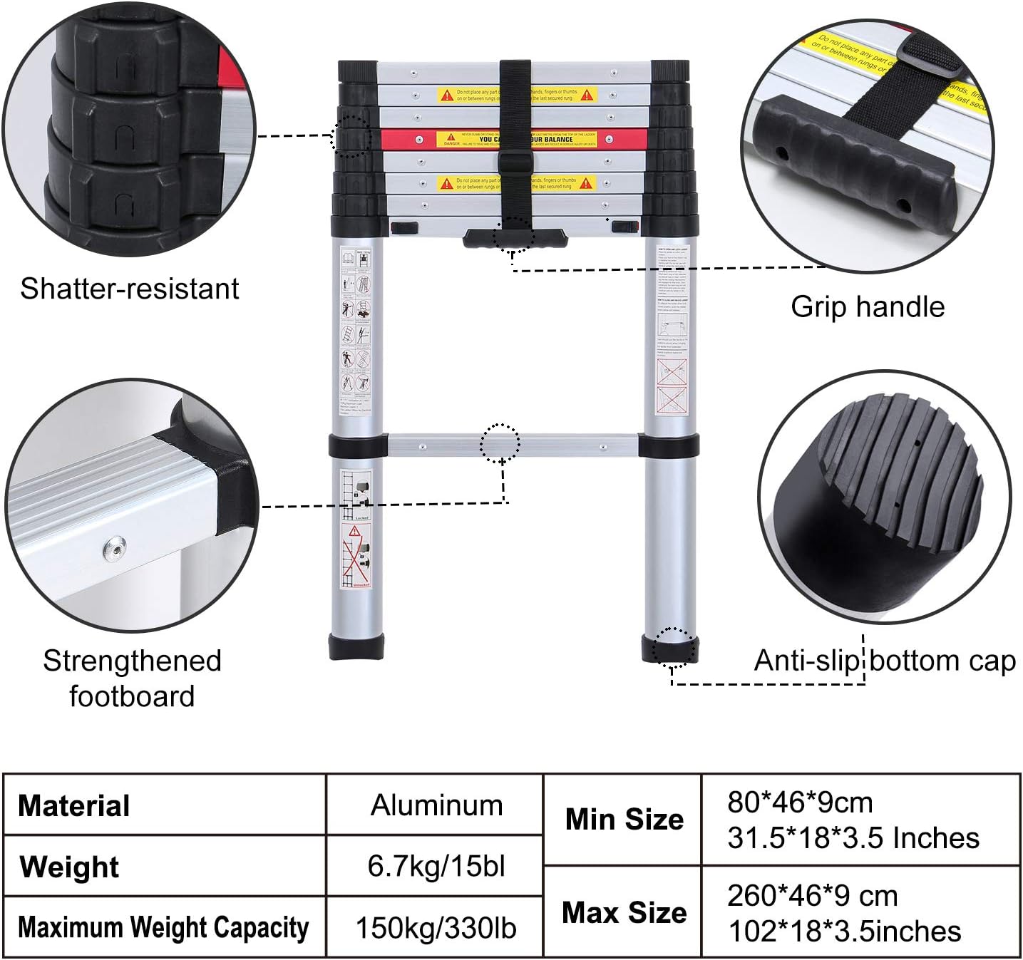 WolfWise 8.5FT Aluminum Telescoping Ladder, Collapsible Extension Ladder, 330lbs Max Capacity: Kitchen & Dining