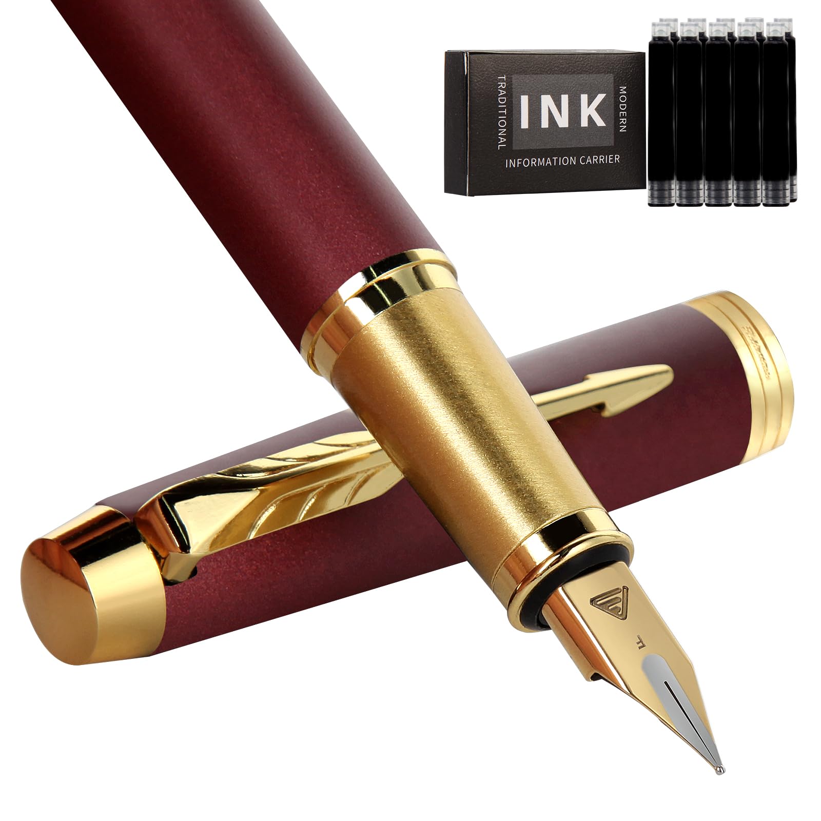 Zalantan Fountain Pen, luxury Fine point smooth writing pens for journaling fancy pens with Gift Case 8 black ink cartridges an ink converte nice pens metal pen writer gifts (Matte Red)
