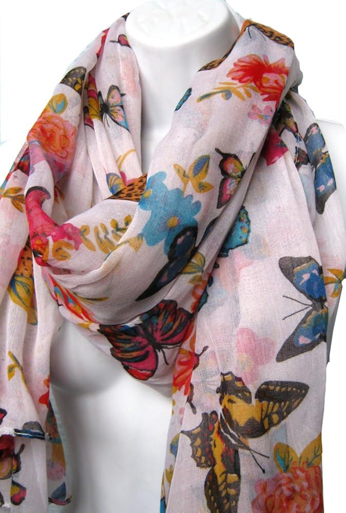 Butterfly Scarf White Large Mulit Colour Print Butterflies Mix Scarves