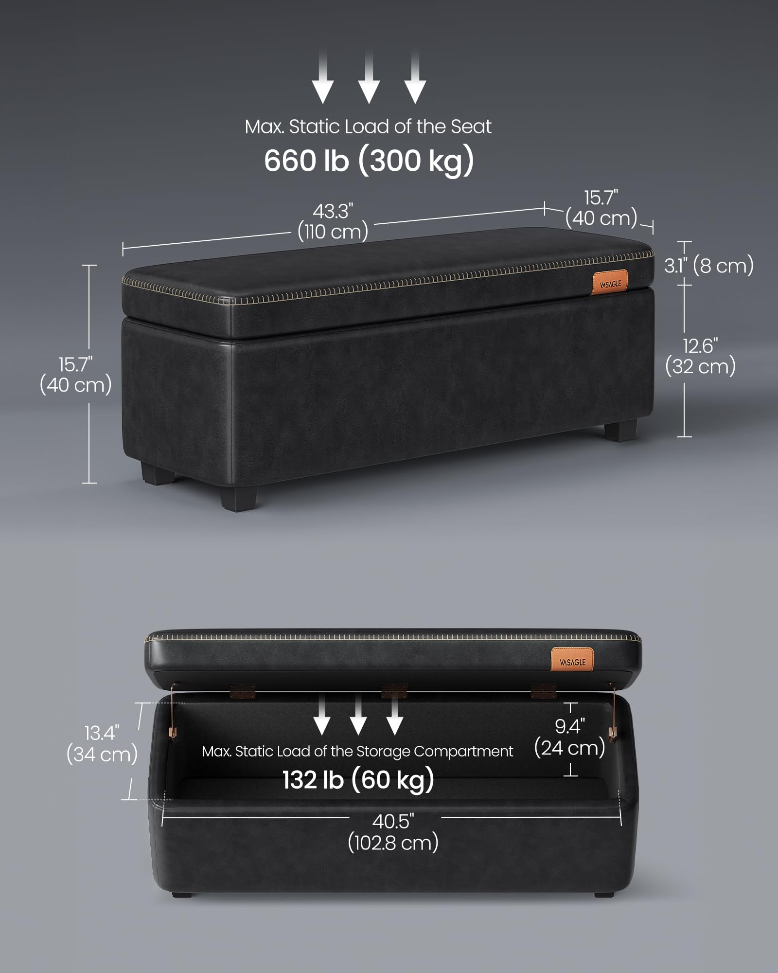 VASAGLE EKHO Collection - Storage Ottoman Bench, Entryway Bedroom Bench, 25 Gallons, Synthetic Leather with Stitching, Mid-Century Modern, Safety Hinges, Loads 660 lb, Ink Black ULOM075B01 - Image 5